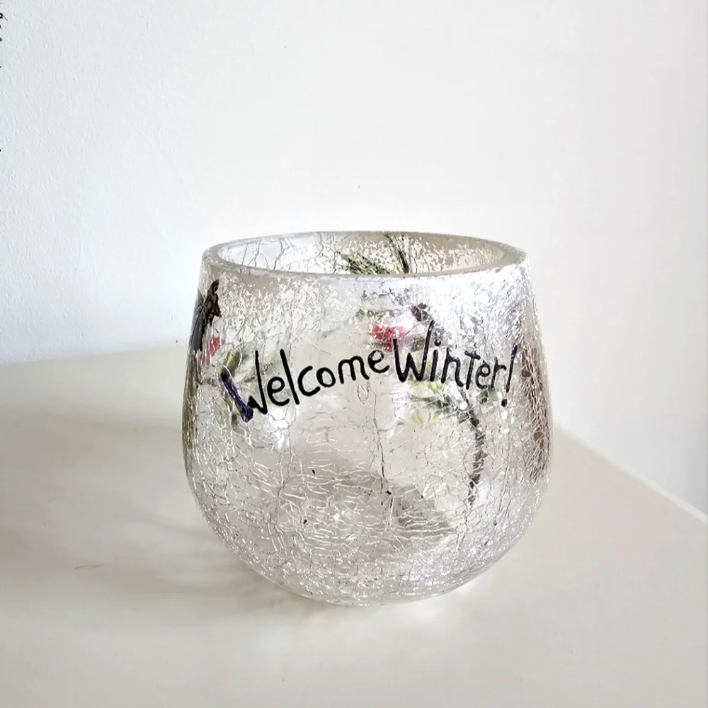 Vintage Yankee Welcome Winter Crackle Frosted Glass Votive Pine Candle Holders